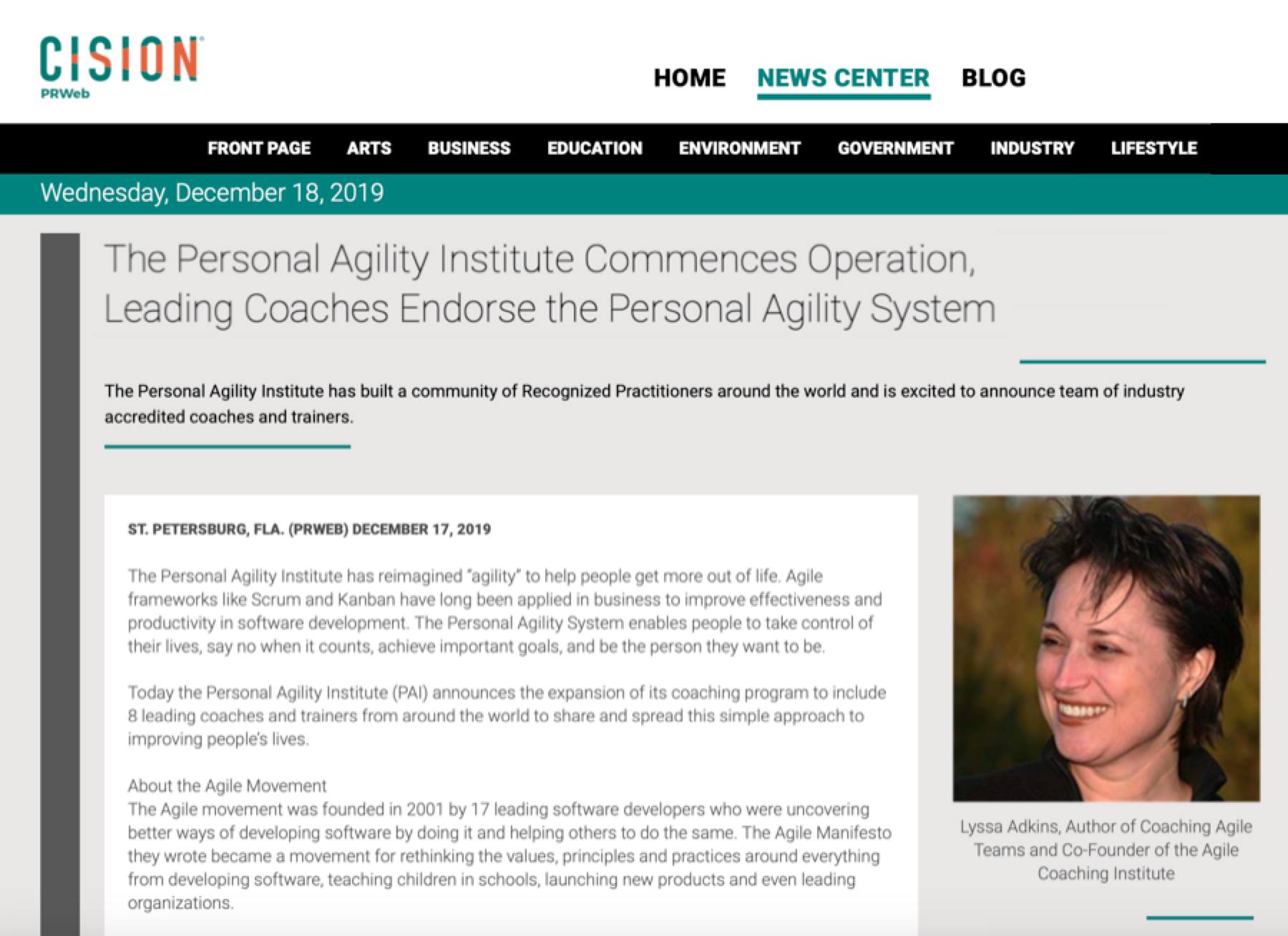 Press Release: The Personal Agility Institute Commences Operation, Leading Coaches Endorse the Personal Agility System